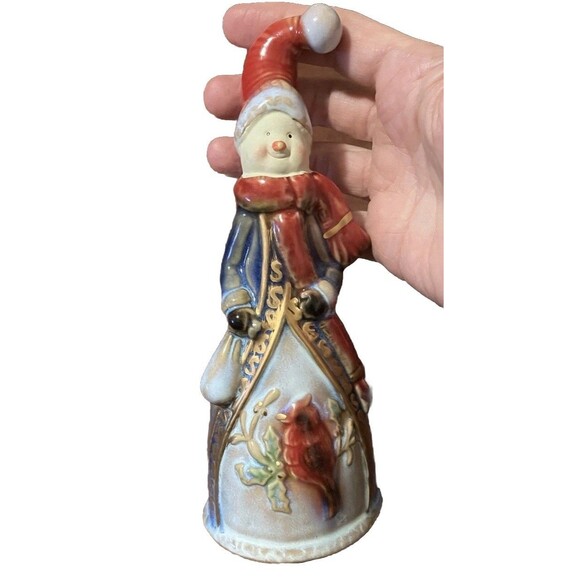 Vintage Old World Snowman Bell With A Cardinal Bird Glazed Shiny 8" Christmas - Picture 4 of 16